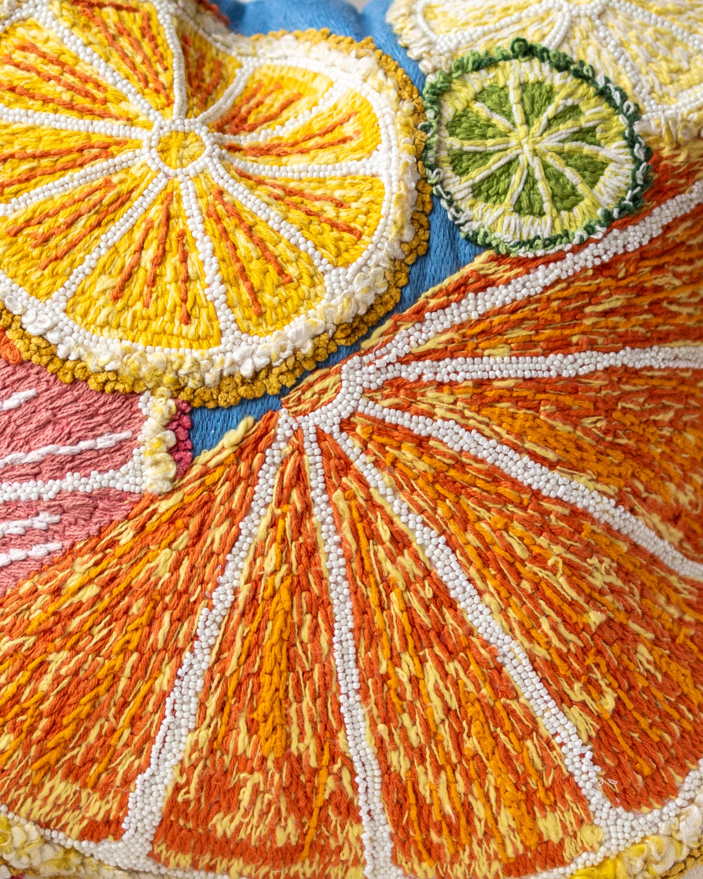 Orange Citrus Embroidered Organic Cotton Throw Pillow