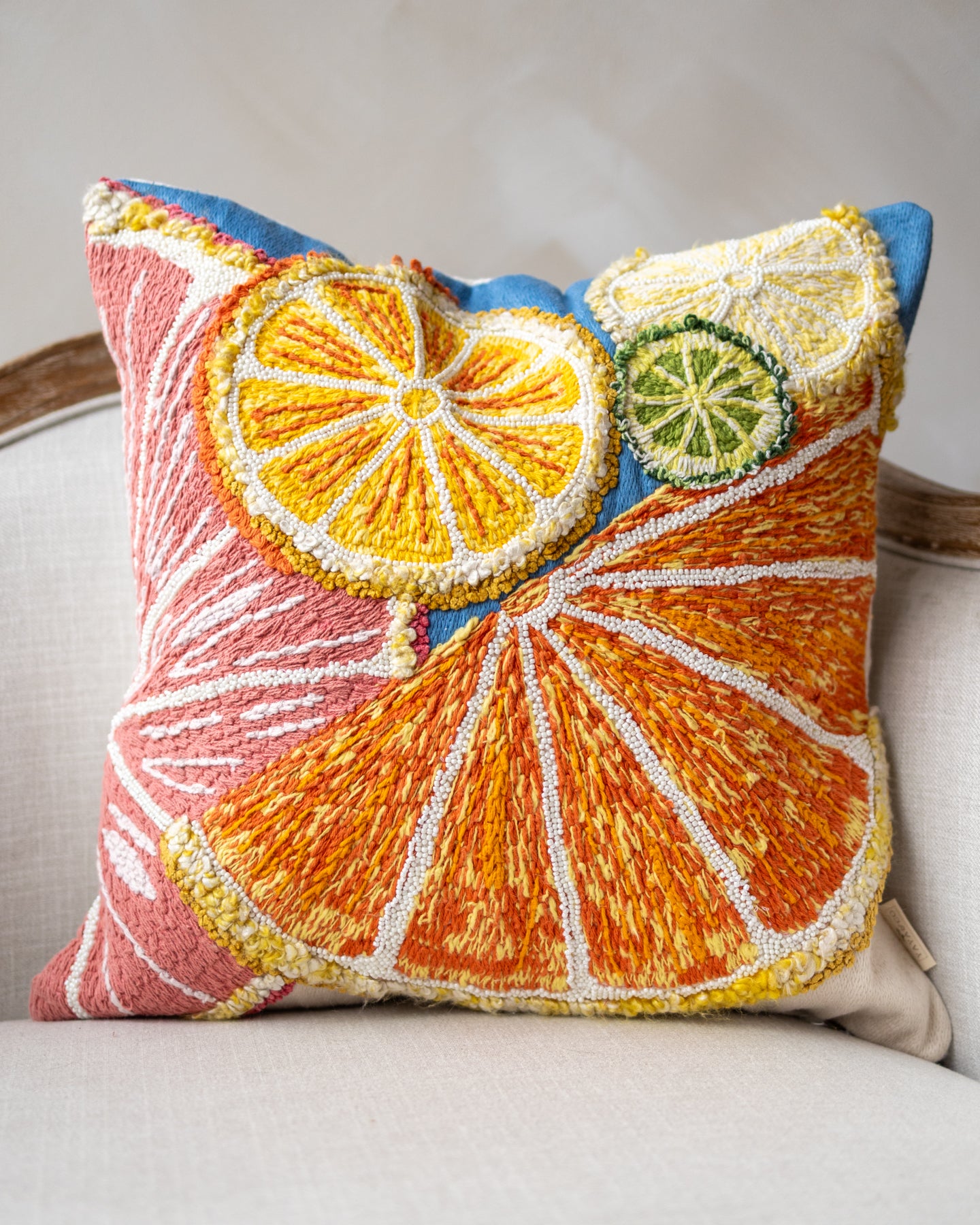 Orange Citrus Embroidered Organic Cotton Throw Pillow