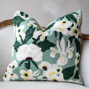 Yellow Floral Embroidered White Organic Cotton Throw Pillow