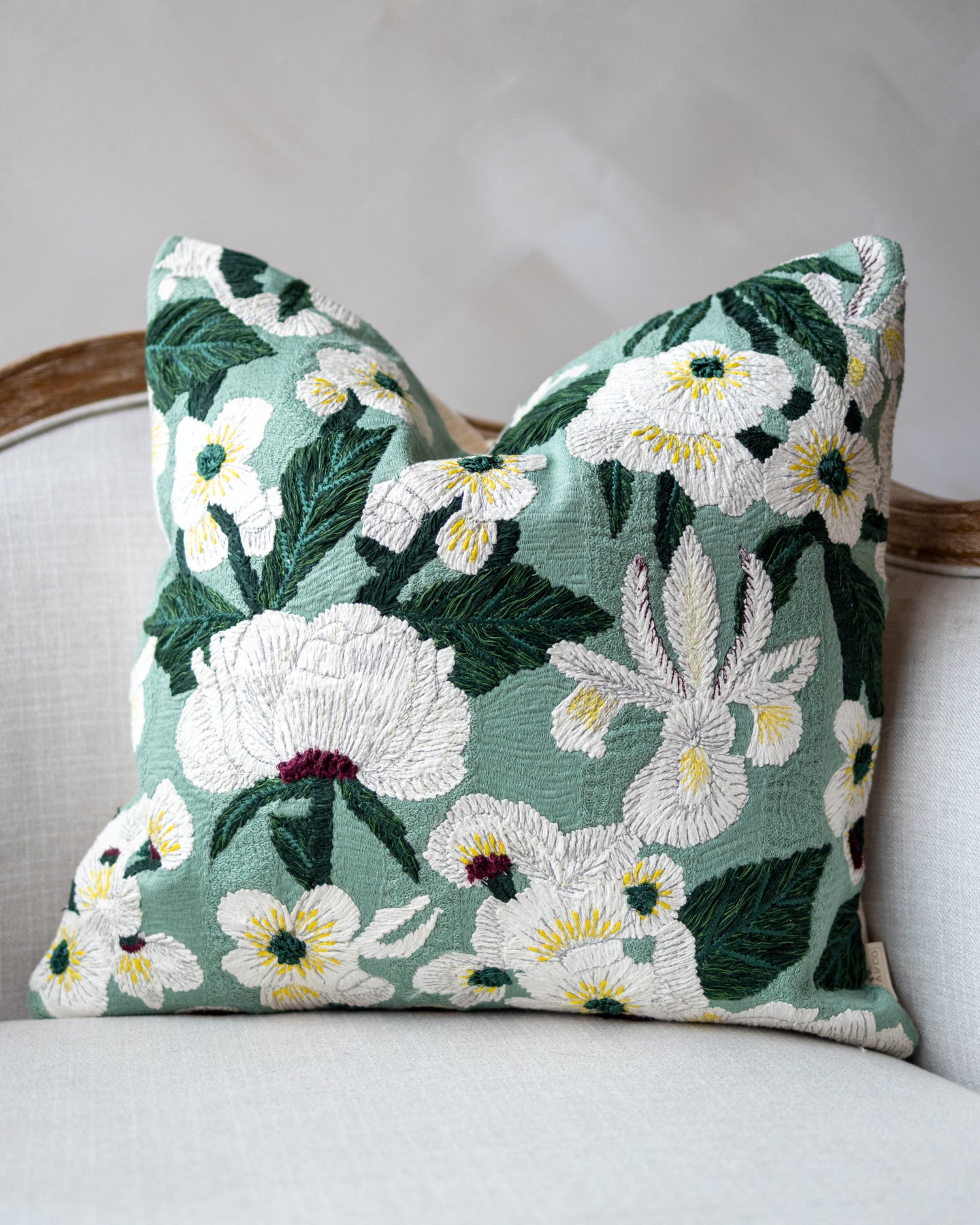 Yellow Floral Embroidered White Organic Cotton Throw Pillow