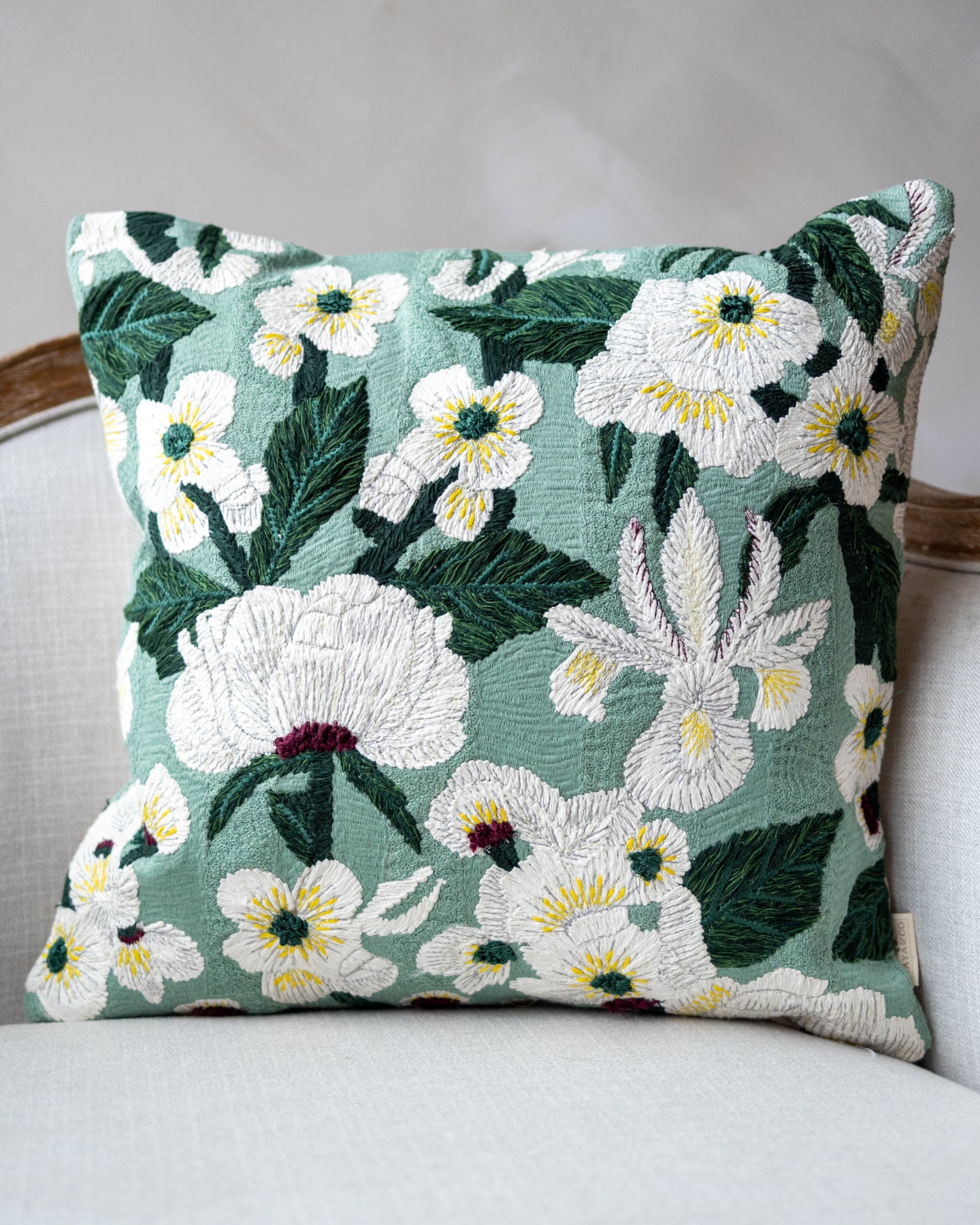 Yellow Floral Embroidered White Organic Cotton Throw Pillow