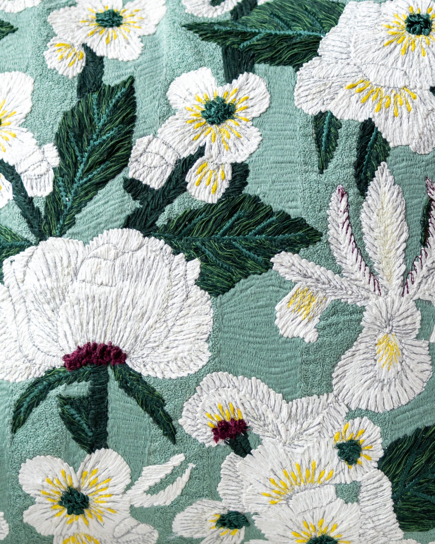 Yellow Floral Embroidered White Organic Cotton Throw Pillow