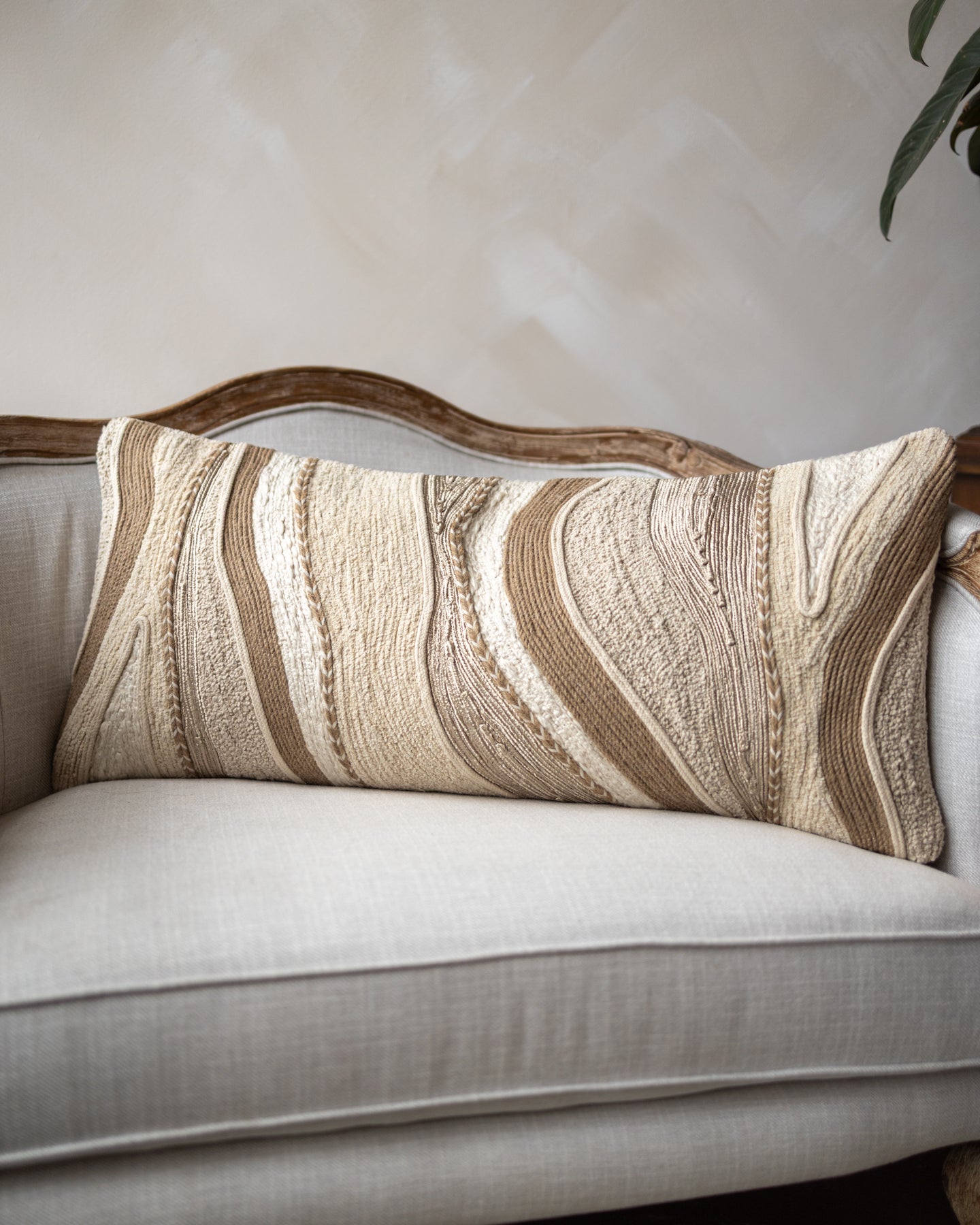 Natural Abstract Embroidered Linen Lumbar Pillow