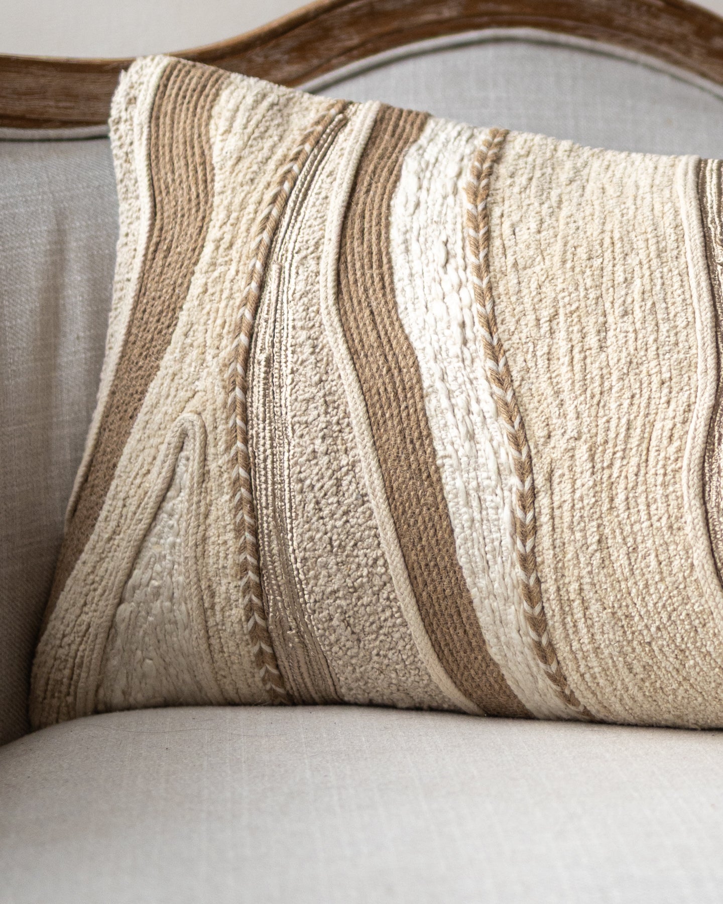 Natural Abstract Embroidered Linen Lumbar Pillow
