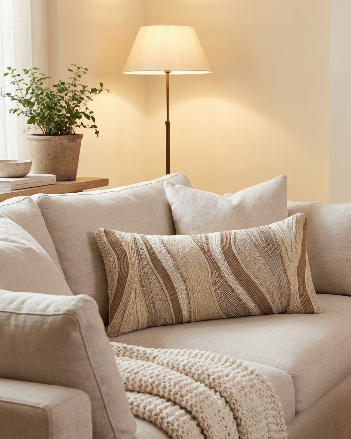Natural Abstract Embroidered Linen Lumbar Pillow