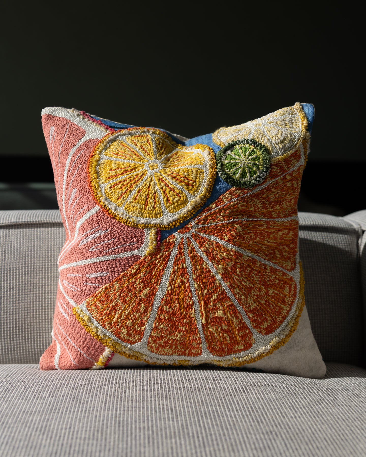 Orange Citrus Embroidered Organic Cotton Throw Pillow