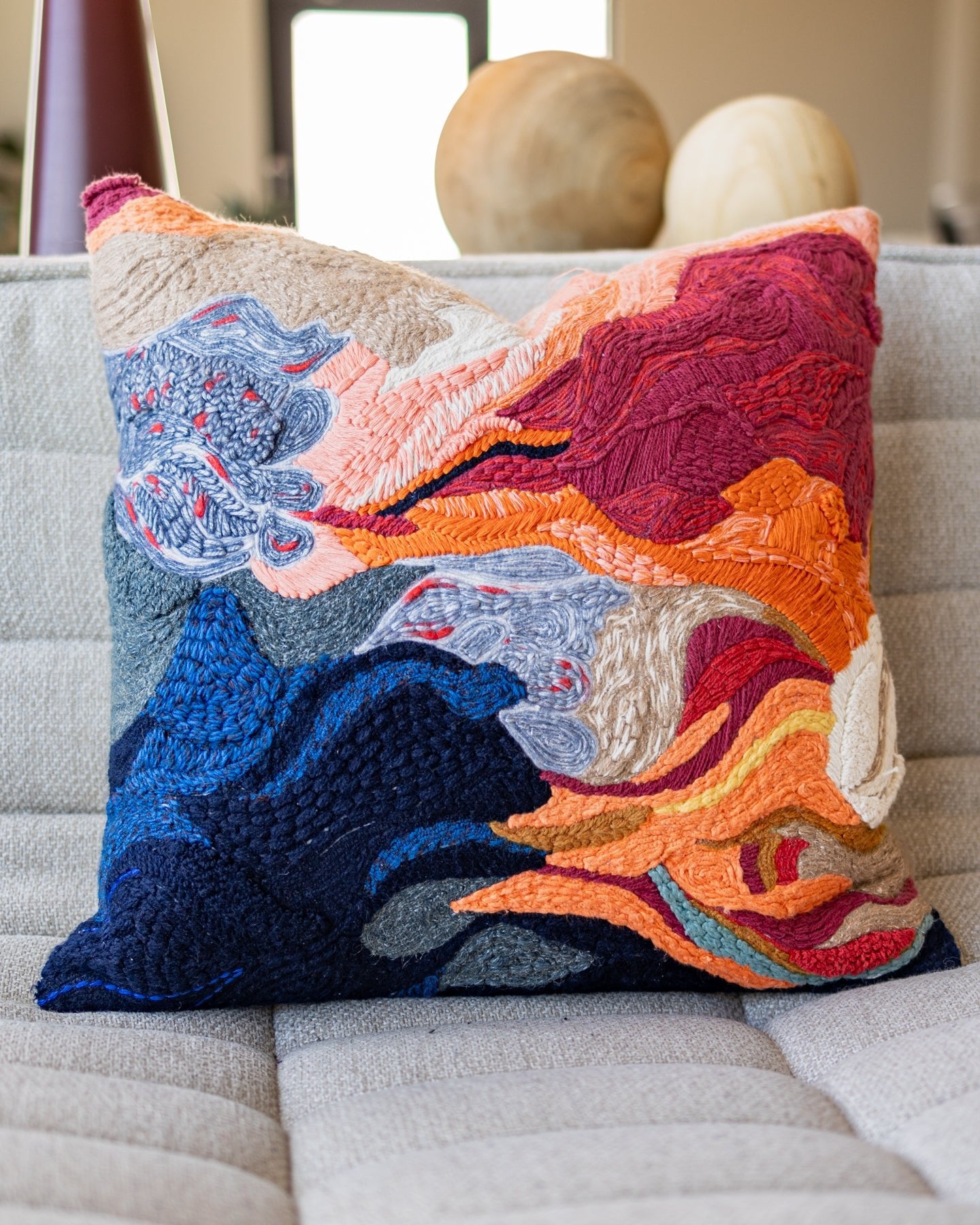 Orange Abstract Embroidered Dimensional Organic Cotton Throw Pillow