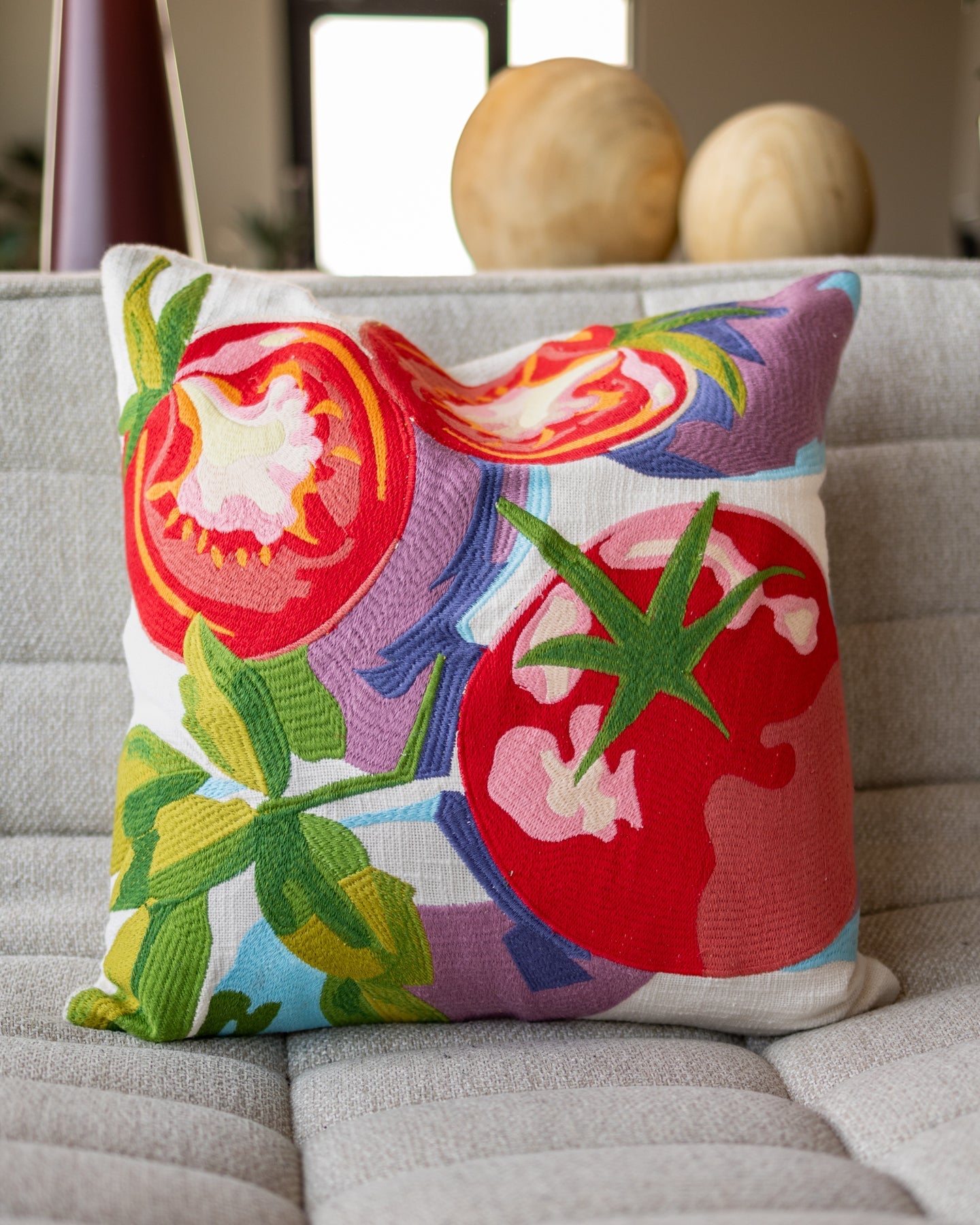Natural Tomato Embroidered Rich Organic Cotton Throw Pillow