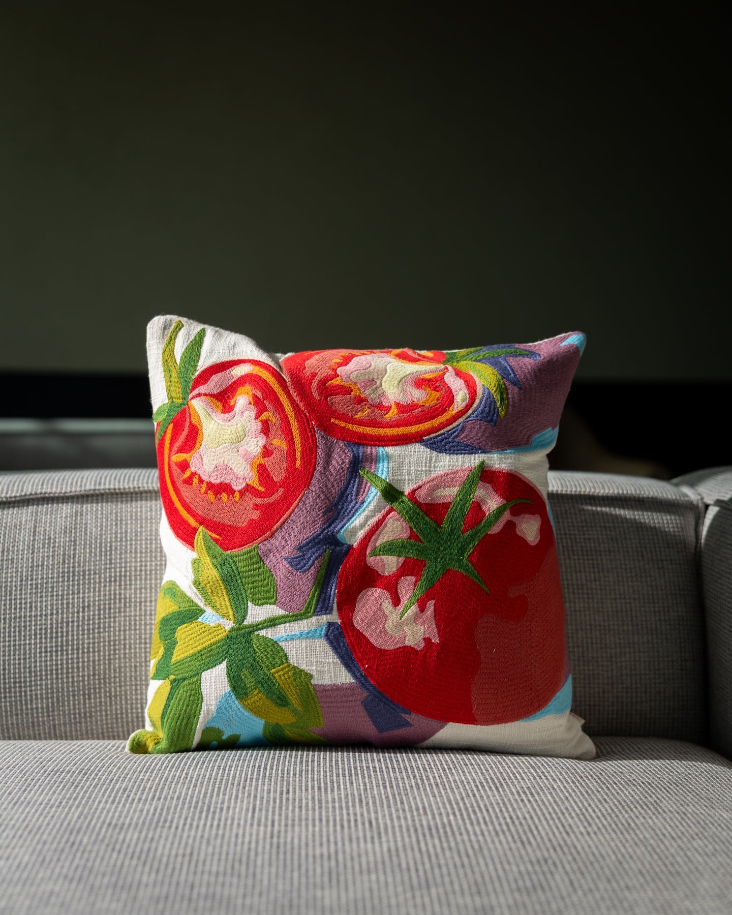 Natural Tomato Embroidered Rich Organic Cotton Throw Pillow