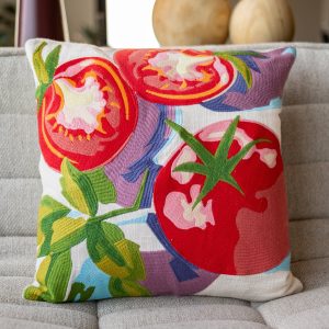 Natural Tomato Embroidered Rich Organic Cotton Throw Pillow