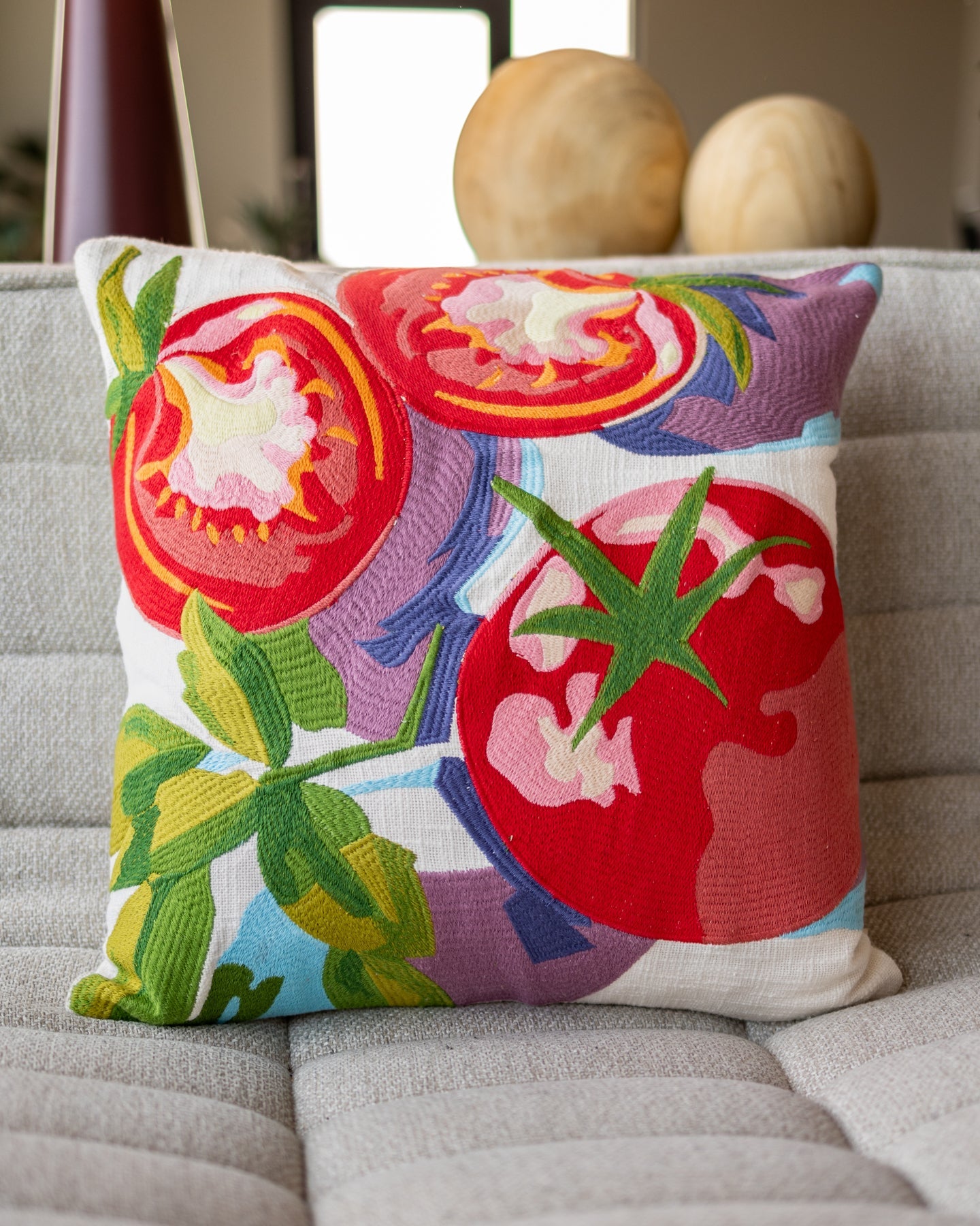Natural Tomato Embroidered Rich Organic Cotton Throw Pillow