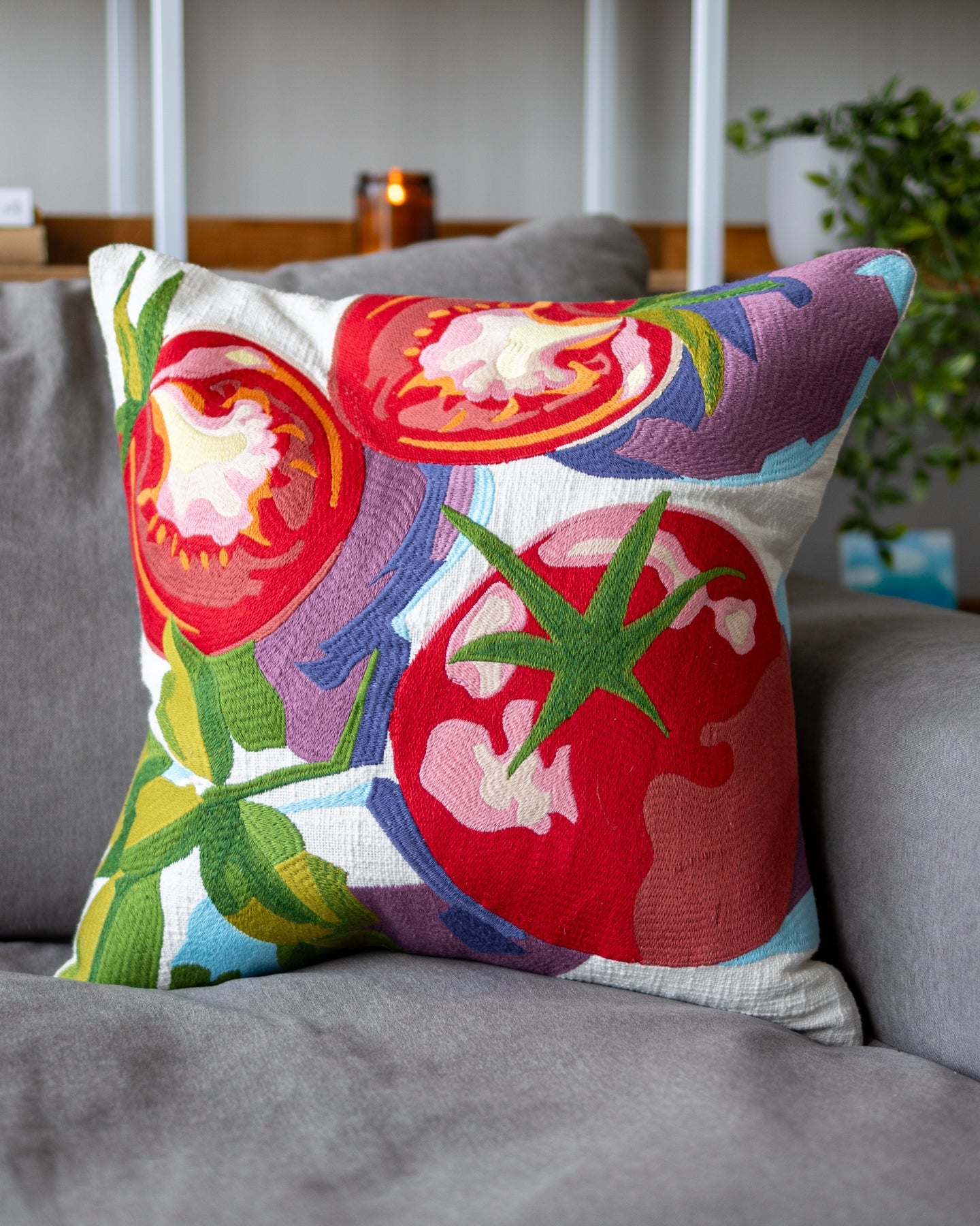 Natural Tomato Embroidered Rich Organic Cotton Throw Pillow
