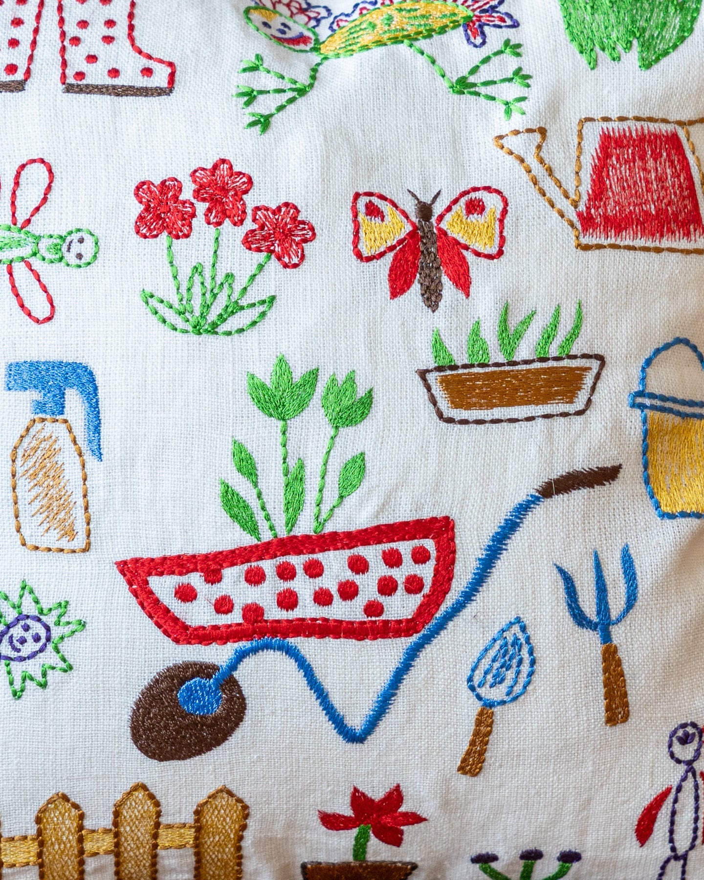 Natural Playful Drawing Embroidered Yellow Organic Cotton Throw Pillow