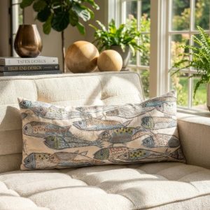 Natural Fish Embroidered Organic Cotton Lumbar Pillow