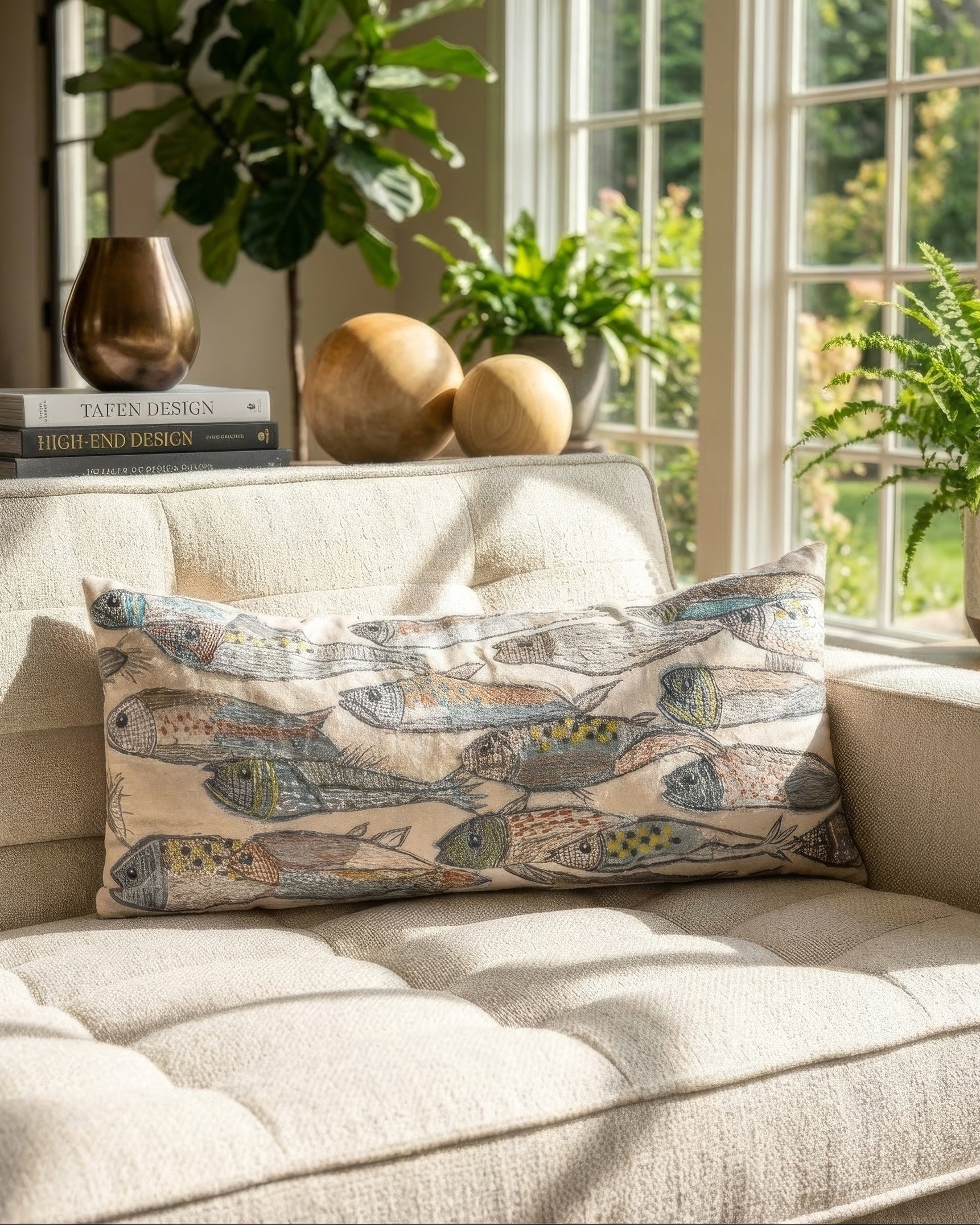 Natural Fish Embroidered Organic Cotton Lumbar Pillow