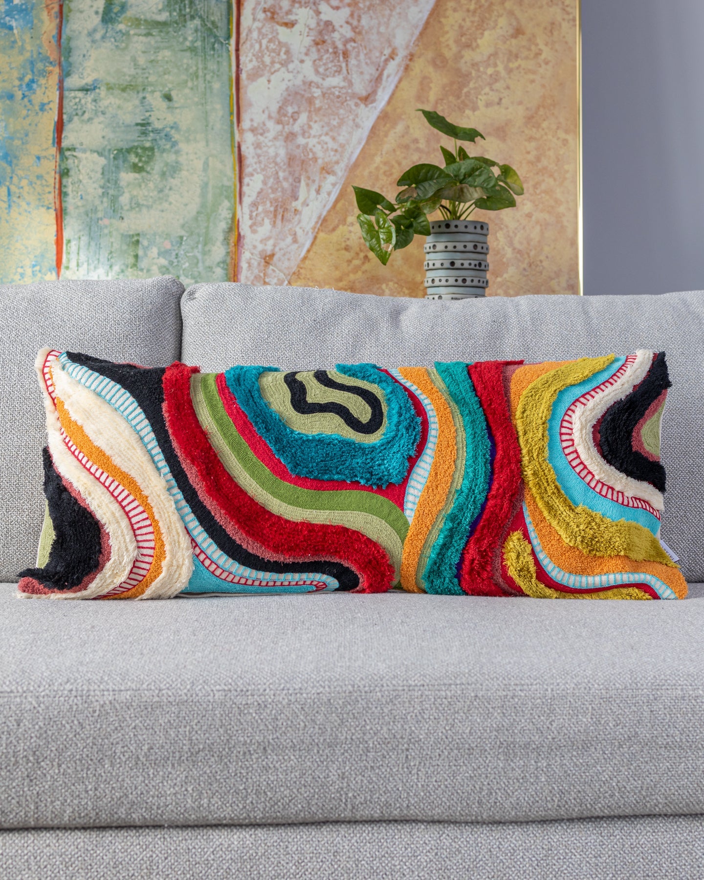 Yellow Abstract Embroidered Organic Cotton Lumbar Pillow
