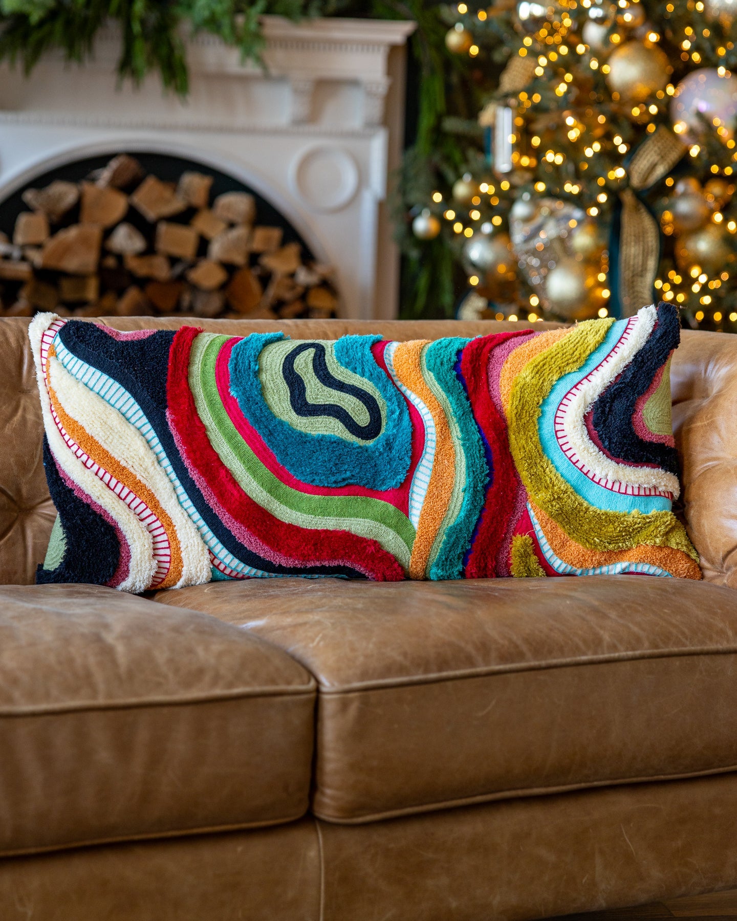 Yellow Abstract Embroidered Organic Cotton Lumbar Pillow