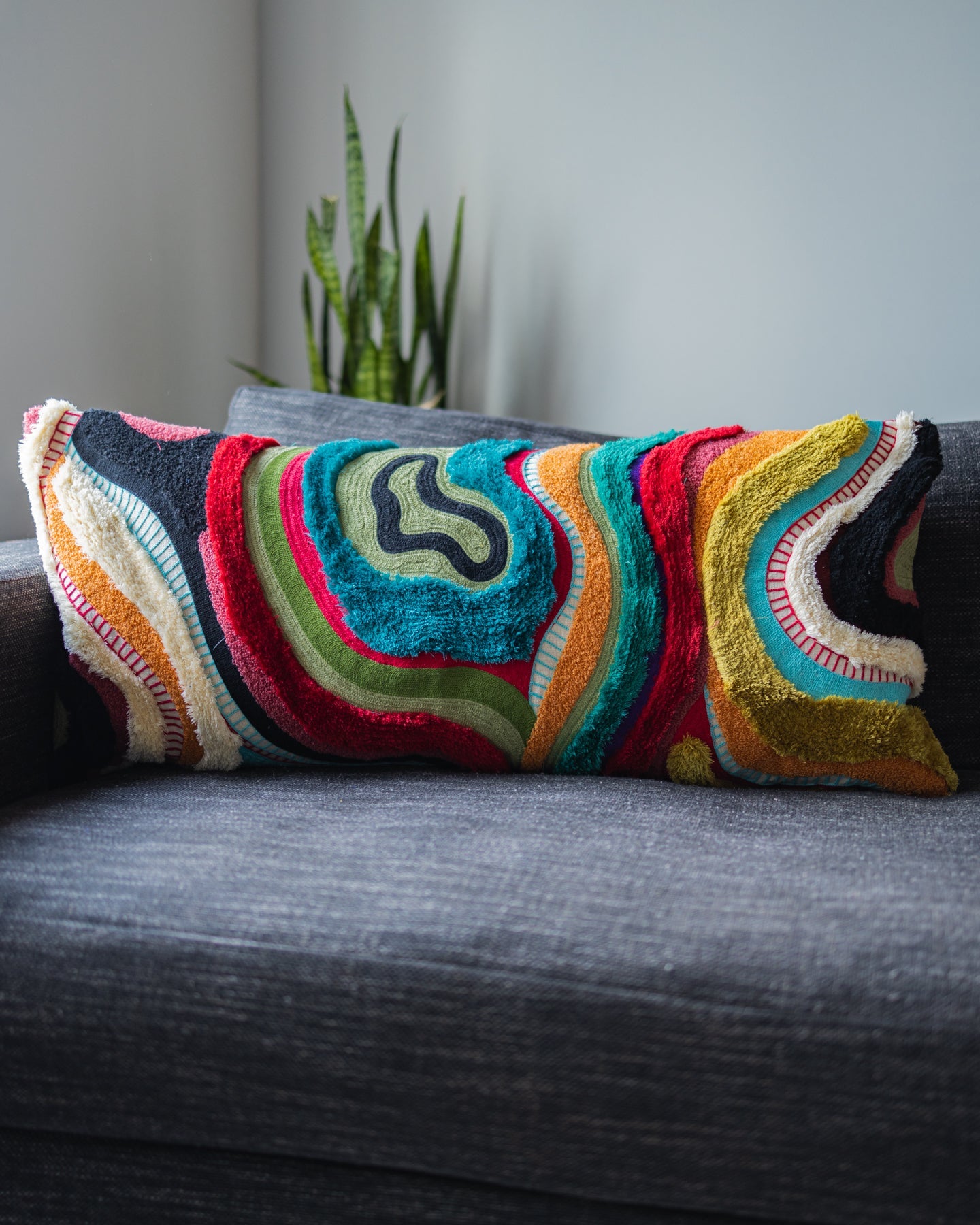 Yellow Abstract Embroidered Organic Cotton Lumbar Pillow