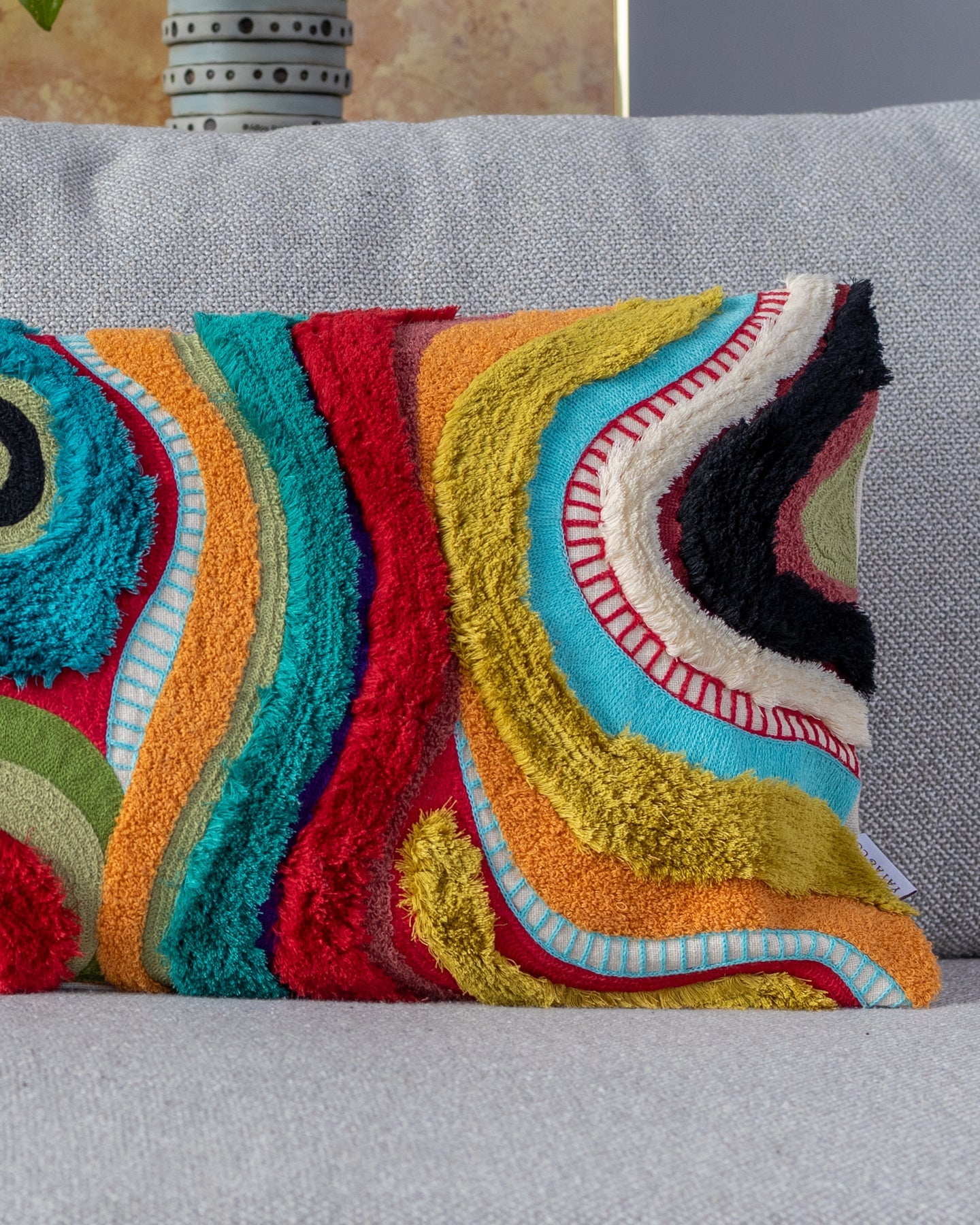 Yellow Abstract Embroidered Organic Cotton Lumbar Pillow