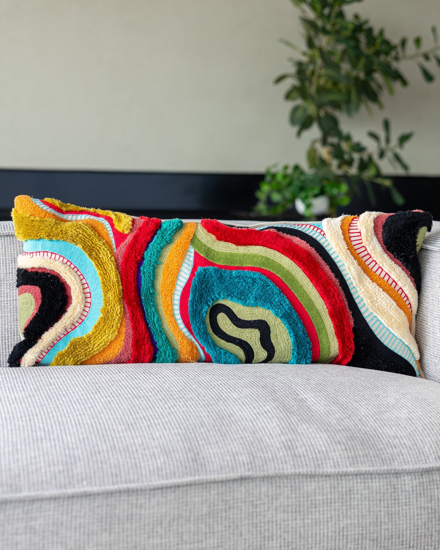 Yellow Abstract Embroidered Organic Cotton Lumbar Pillow