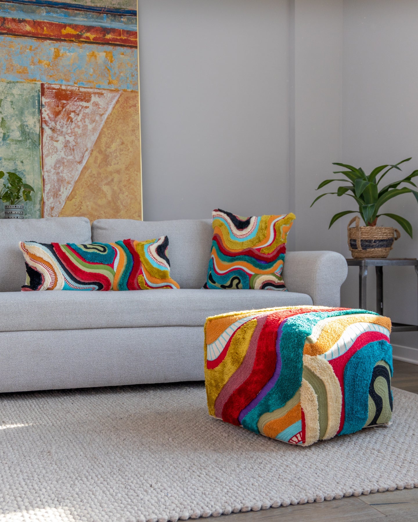 Yellow Abstract Embroidered Organic Cotton Lumbar Pillow