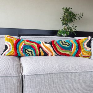 Yellow Abstract Embroidered Black Organic Cotton Lumbar Pillow