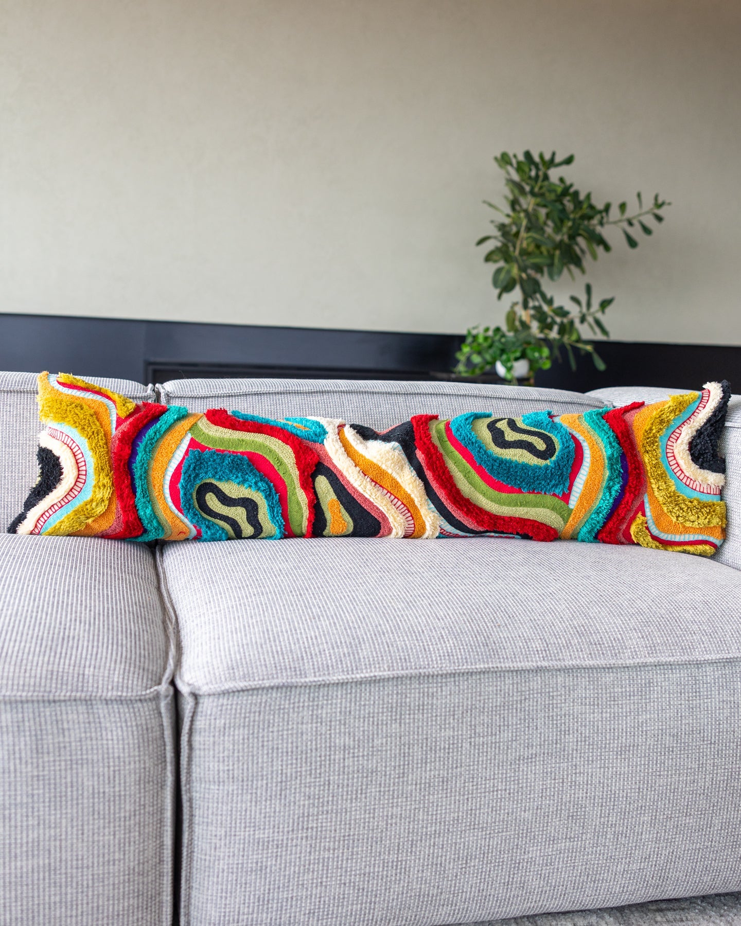 Yellow Abstract Embroidered Black Organic Cotton Lumbar Pillow