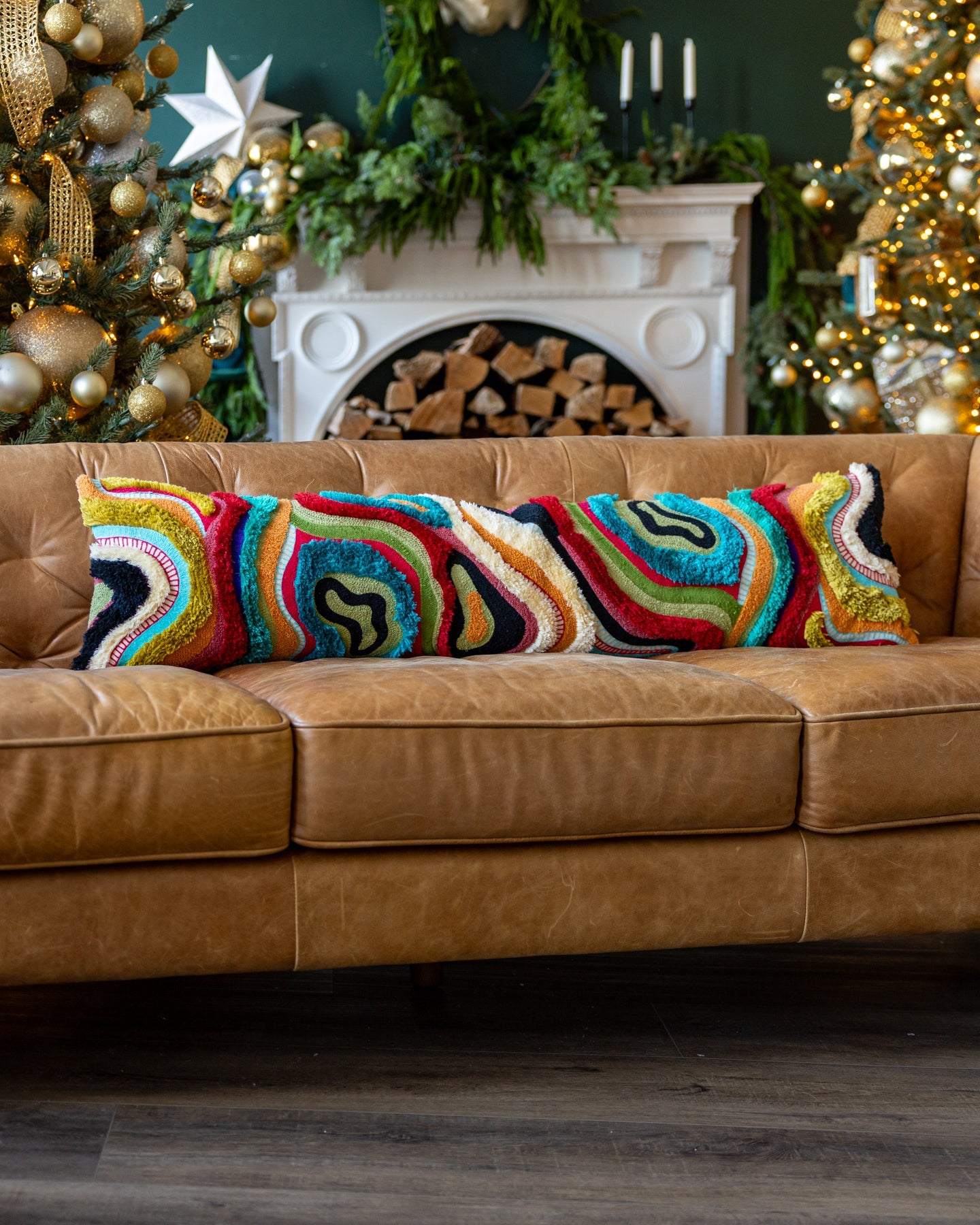 Yellow Abstract Embroidered Black Organic Cotton Lumbar Pillow