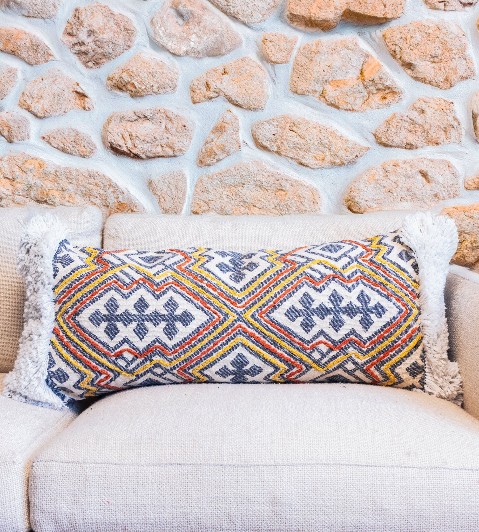 White Geometric Tufted Organic Cotton Lumbar Pillow