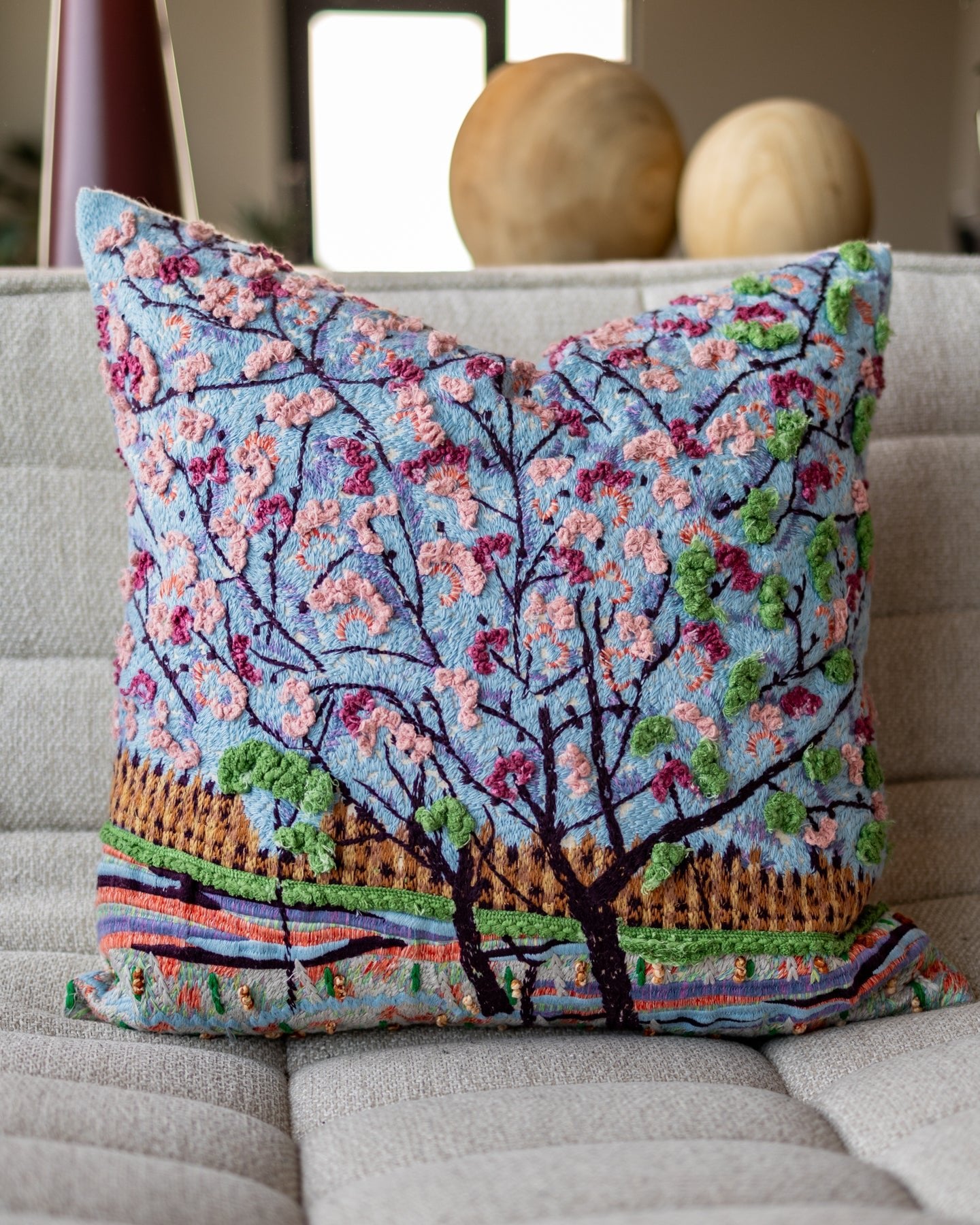 Pink Floral Organic Cotton Throw Pillow