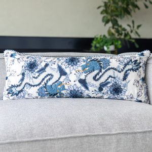 White Dragon Embroidered Organic Cotton Lumbar Pillow