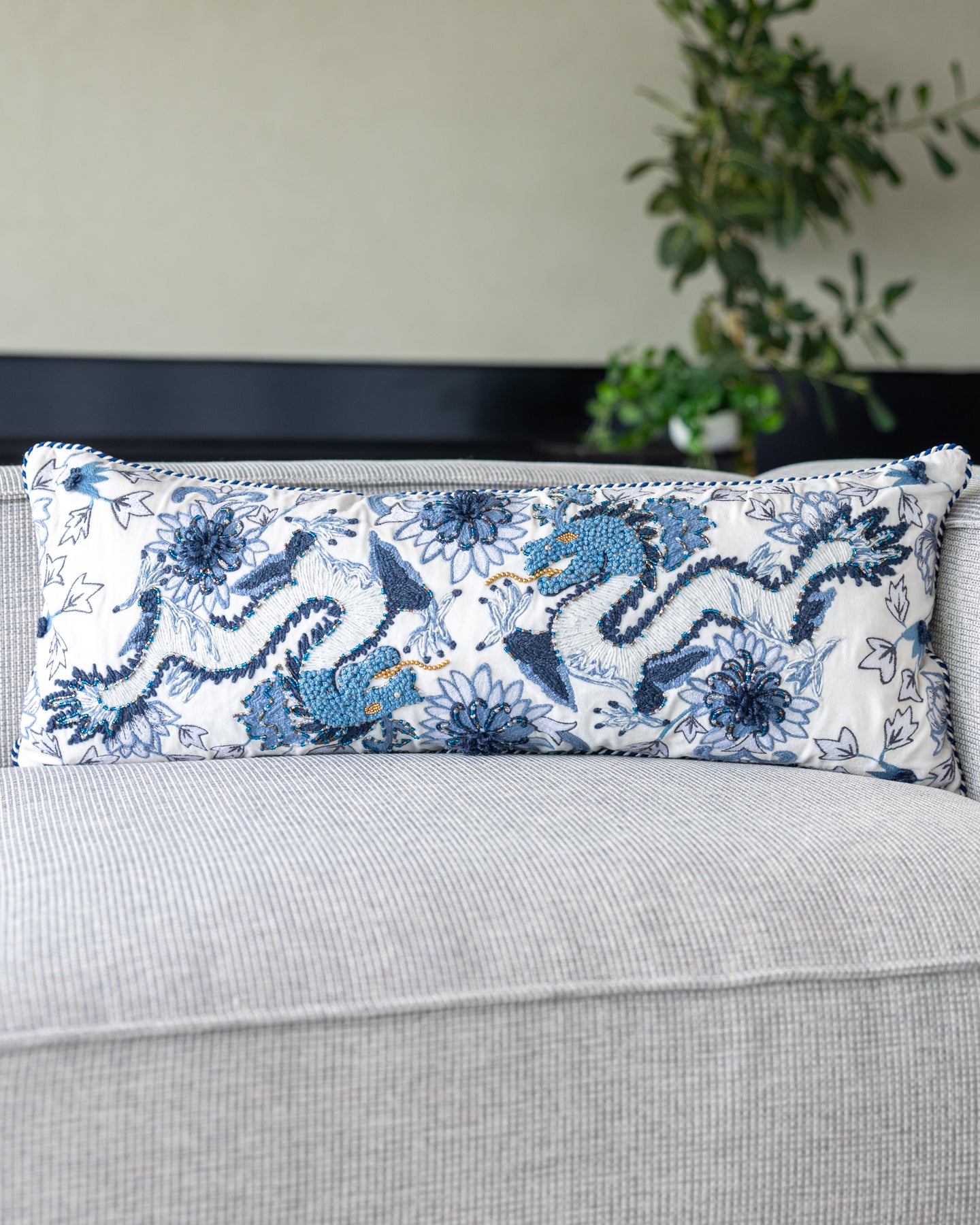 White Dragon Embroidered Organic Cotton Lumbar Pillow