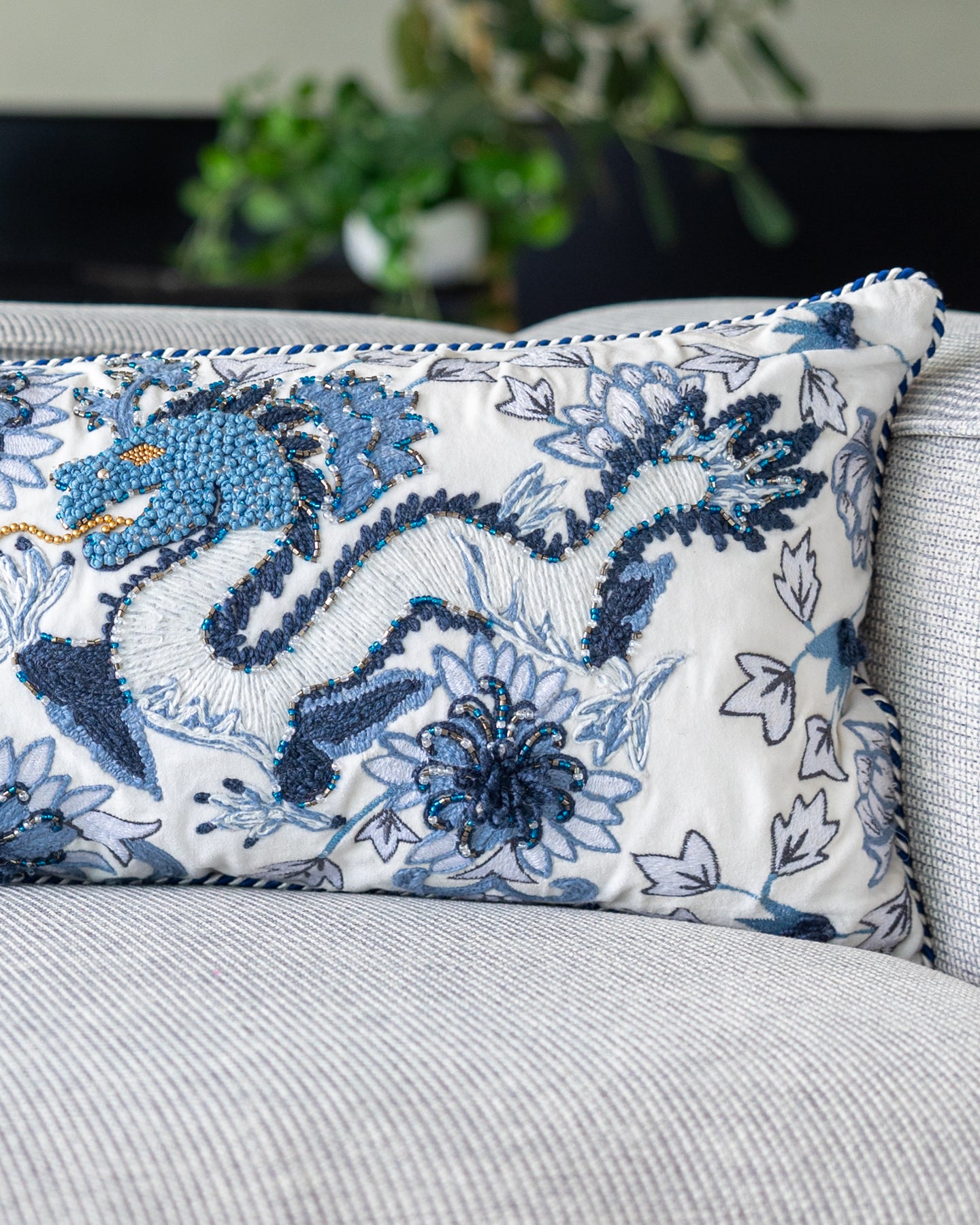 White Dragon Embroidered Organic Cotton Lumbar Pillow