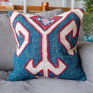 Pink Kilim Handwoven Blue Organic Cotton Throw Pillow