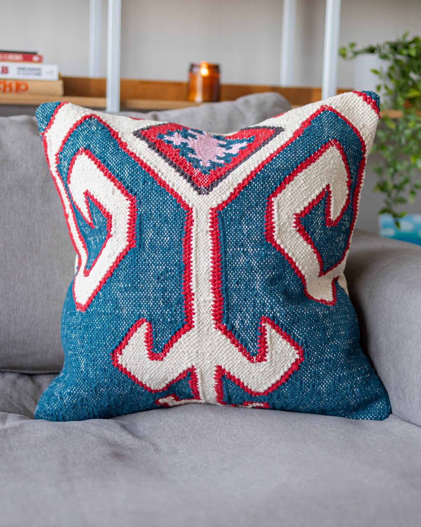 Pink Kilim Handwoven Blue Organic Cotton Throw Pillow