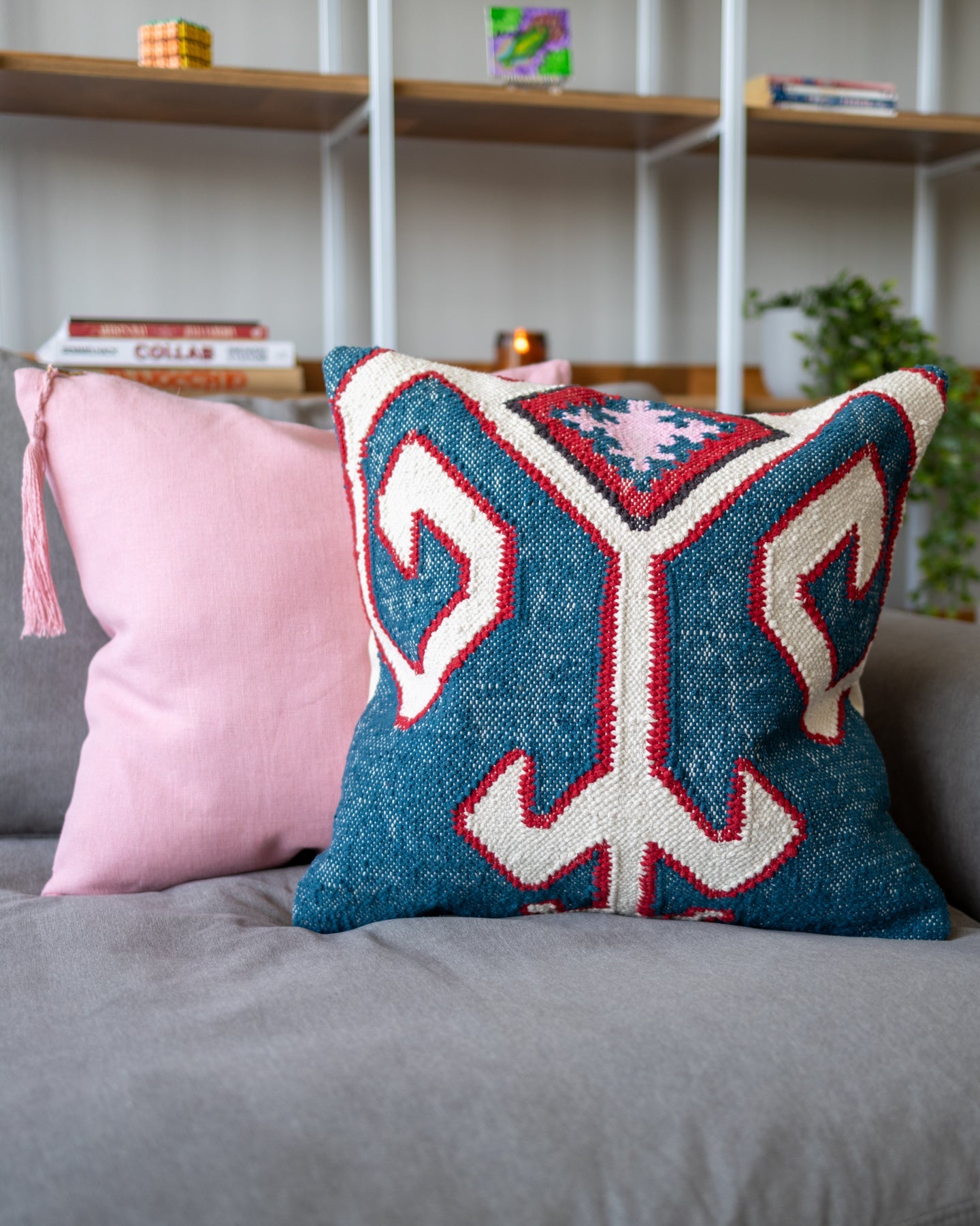 Pink Kilim Handwoven Blue Organic Cotton Throw Pillow