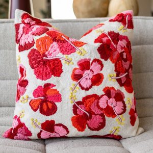 Yellow Floral Embroidered Orange Organic Cotton Throw Pillow