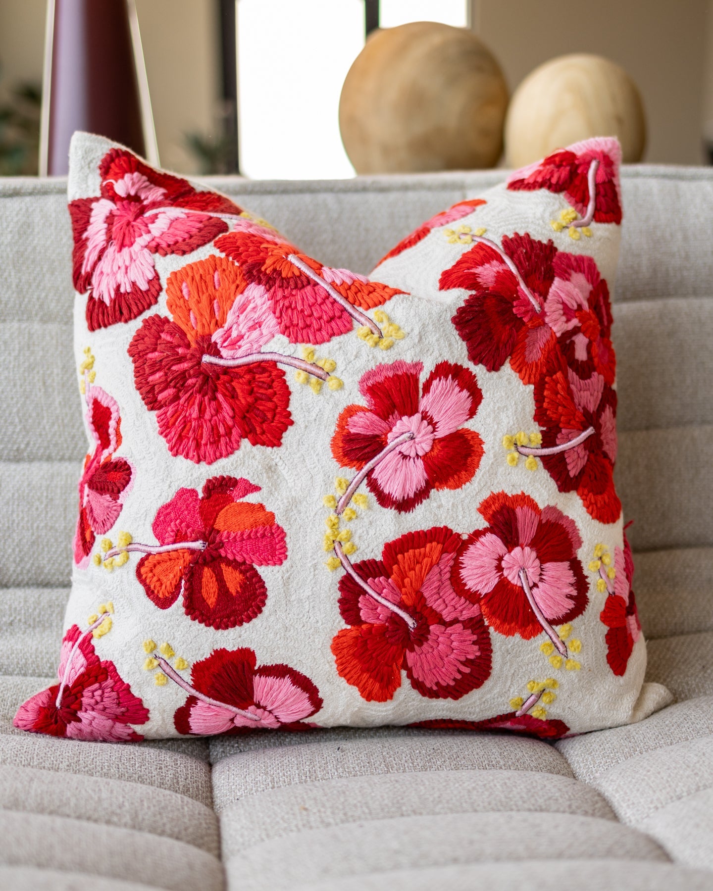 Yellow Floral Embroidered Orange Organic Cotton Throw Pillow