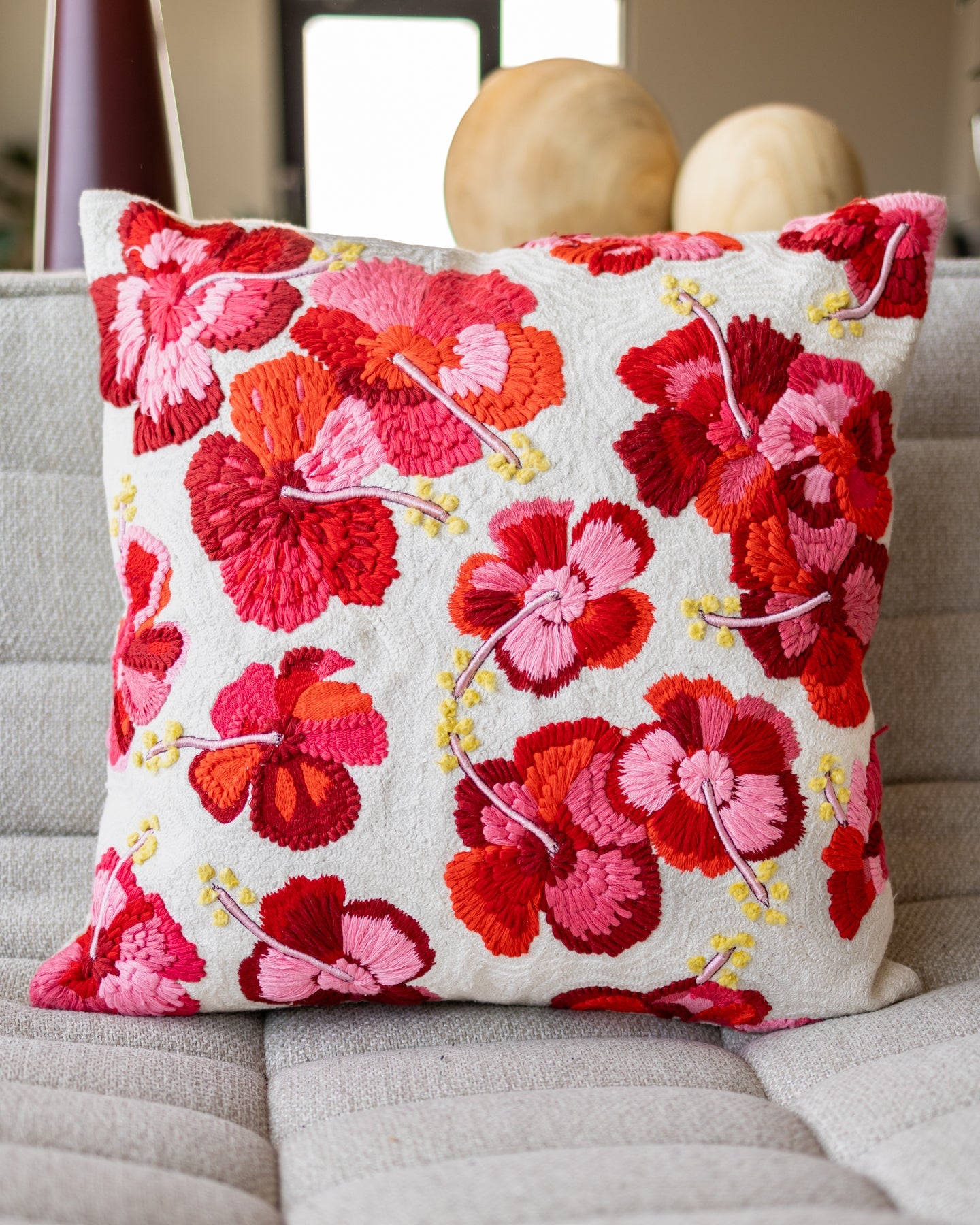 Yellow Floral Embroidered Orange Organic Cotton Throw Pillow
