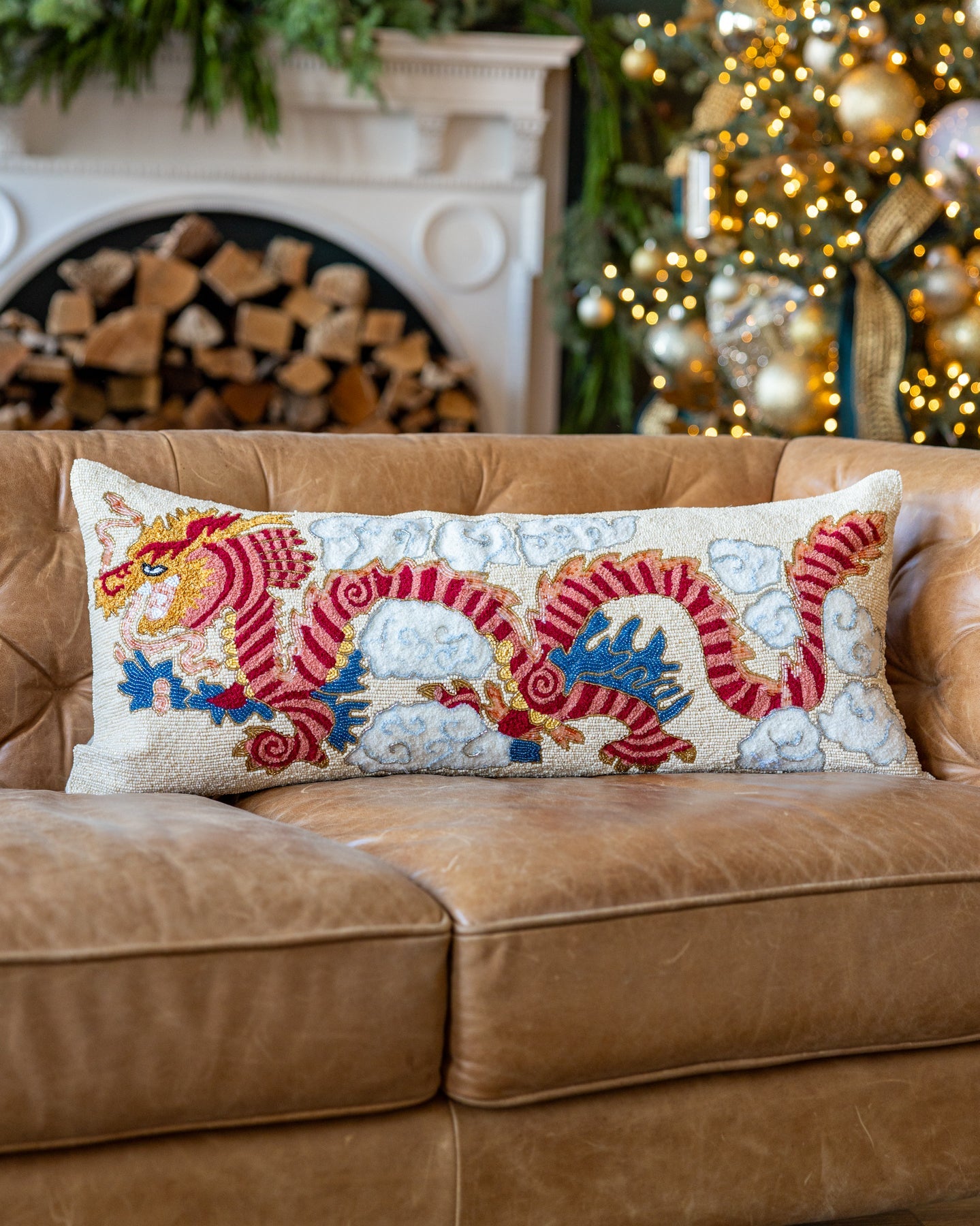 Orange Dragon Embroidered Organic Cotton Lumbar Pillow