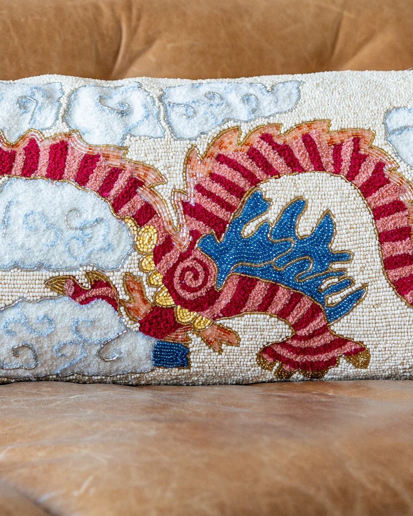 Orange Dragon Embroidered Organic Cotton Lumbar Pillow