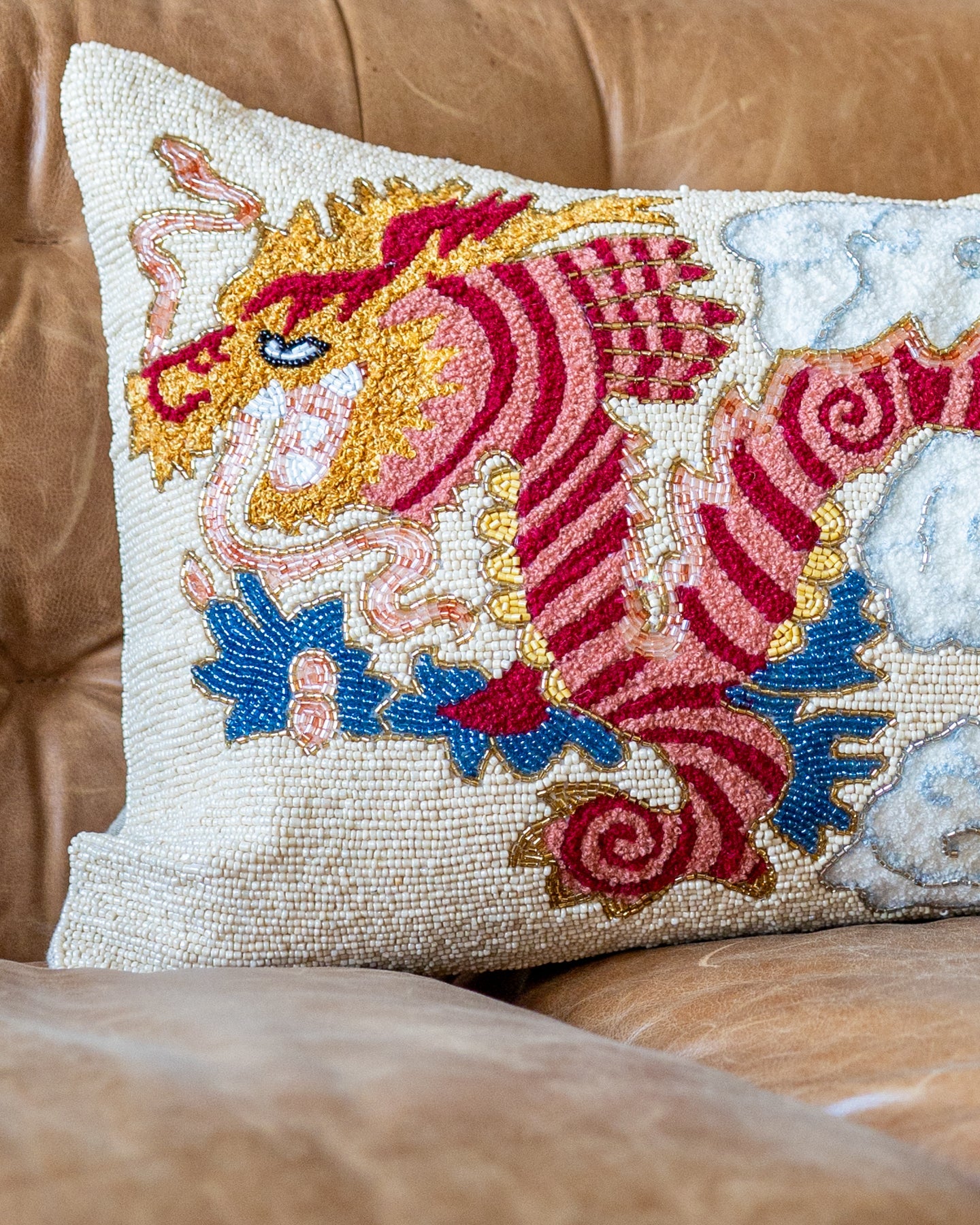Orange Dragon Embroidered Organic Cotton Lumbar Pillow