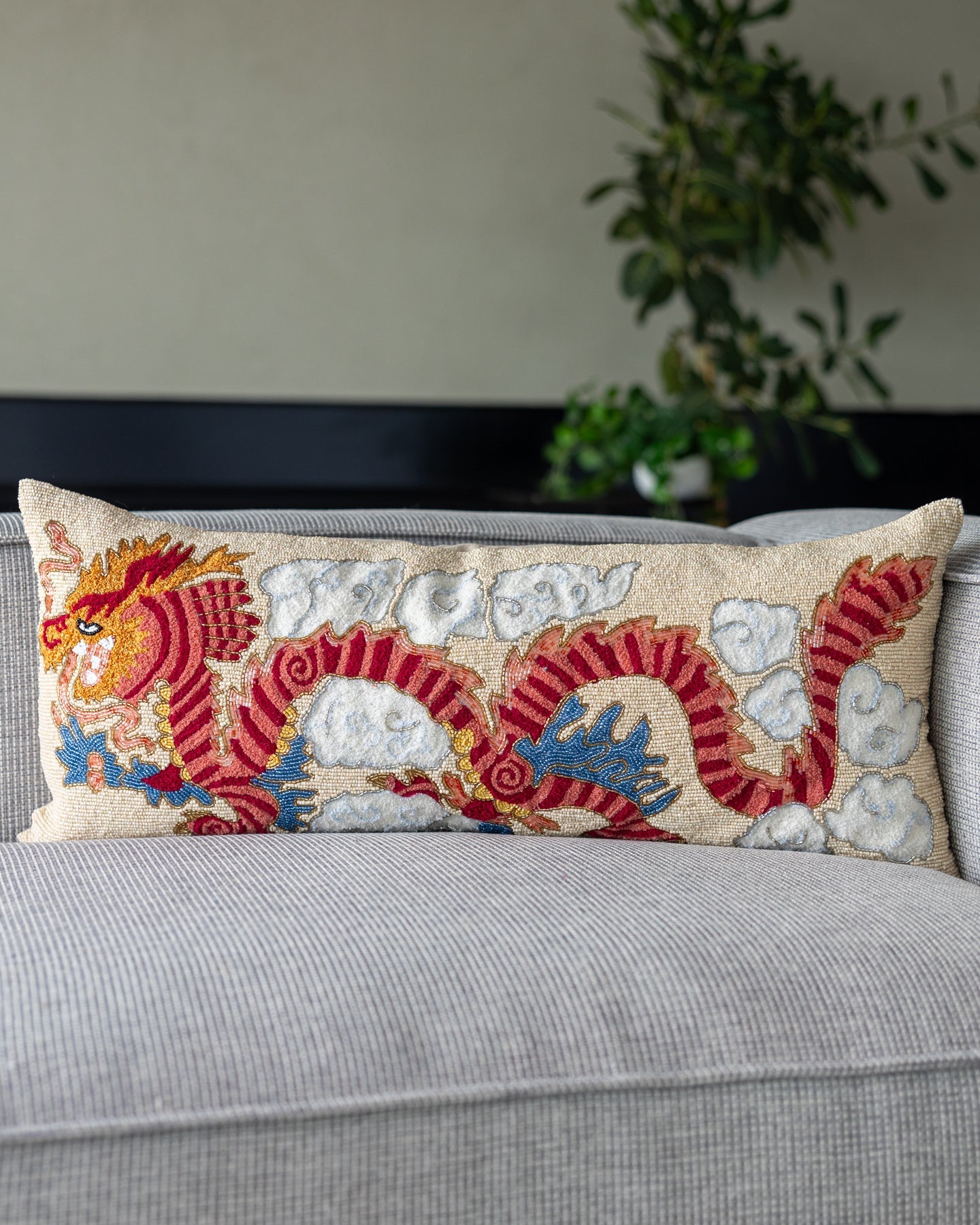 Orange Dragon Embroidered Organic Cotton Lumbar Pillow