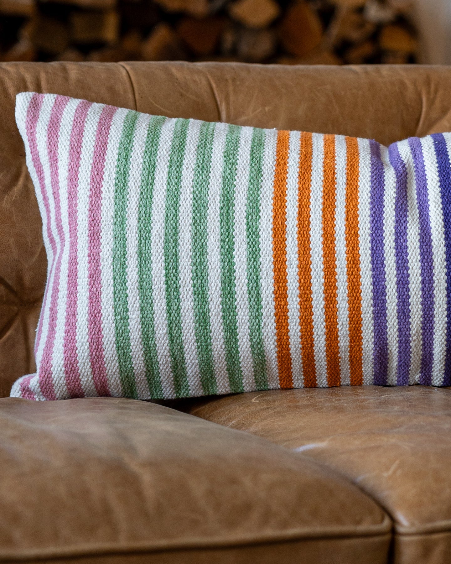 White Striped Organic Cotton Lumbar Pillow