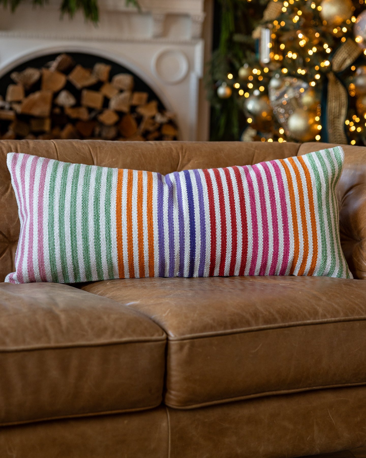 White Striped Organic Cotton Lumbar Pillow