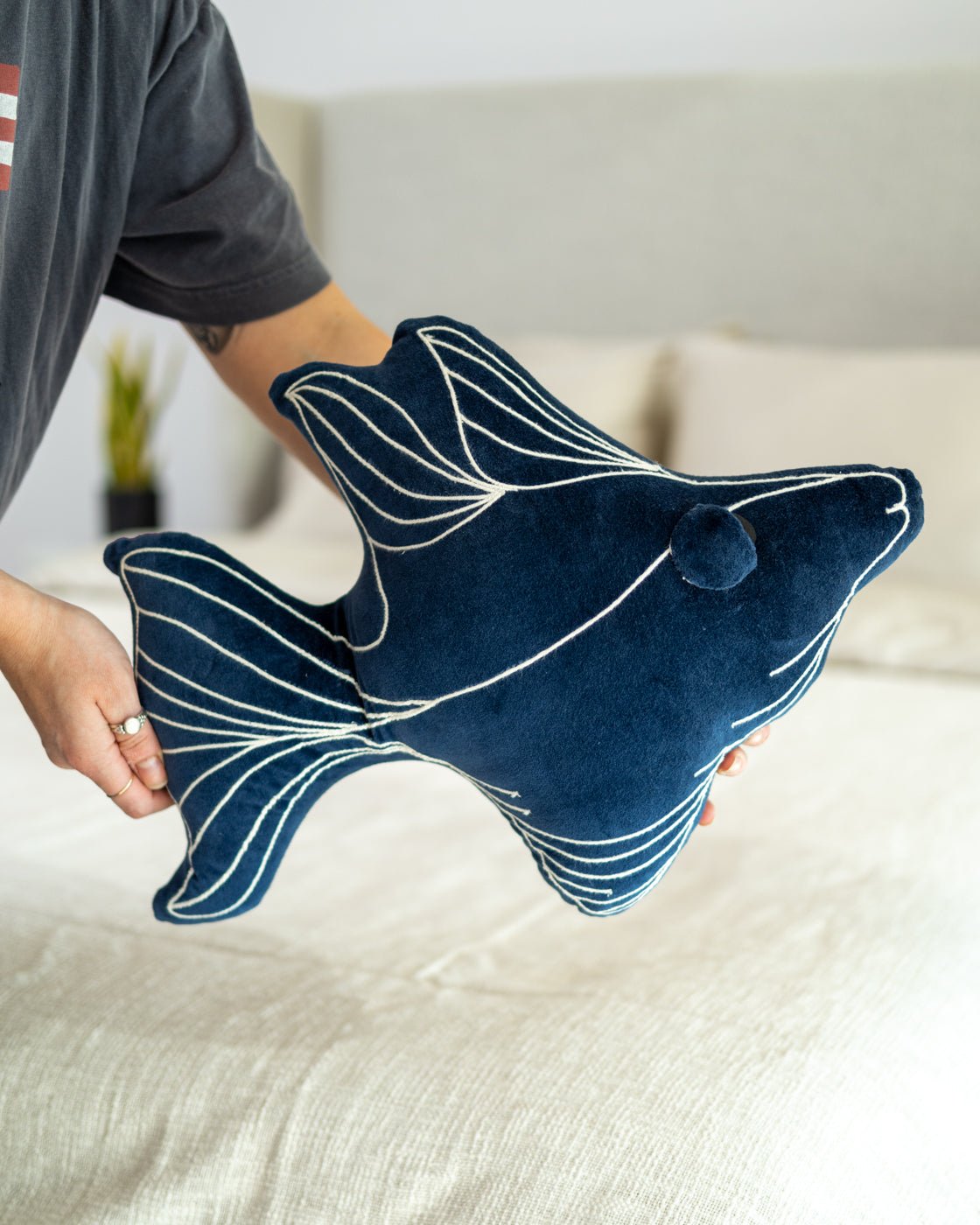 Fish Embroidered Organic Cotton Throw Pillow