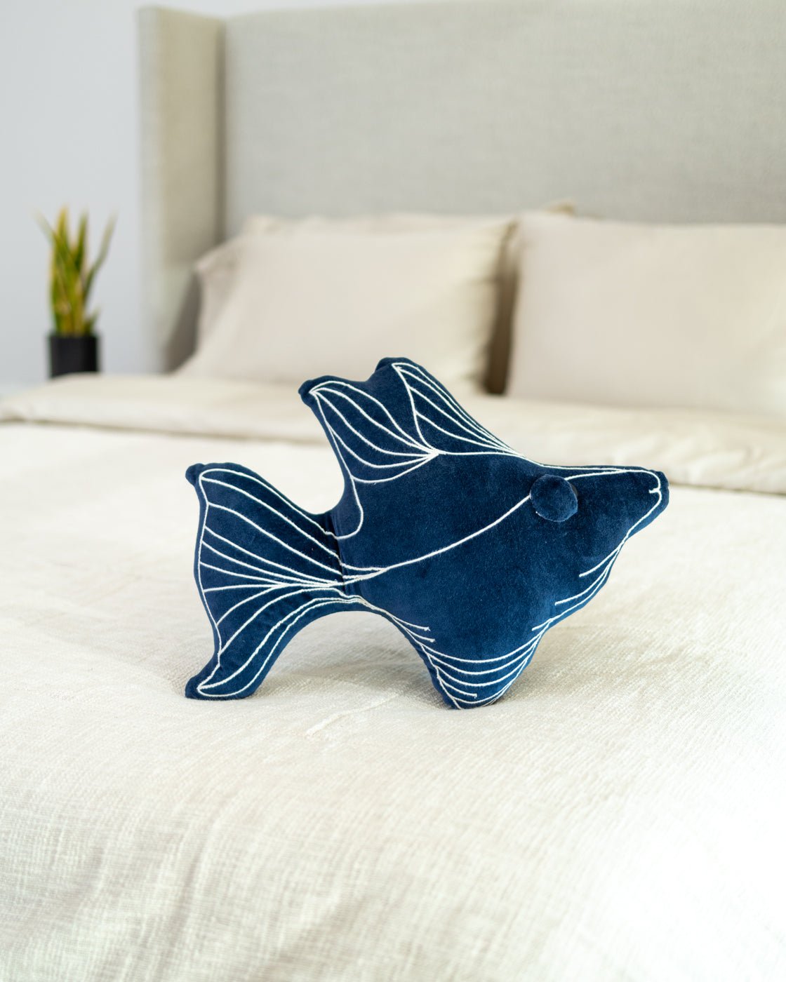 Fish Embroidered Organic Cotton Throw Pillow