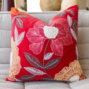 White Floral Embroidered Gold Organic Cotton Throw Pillow