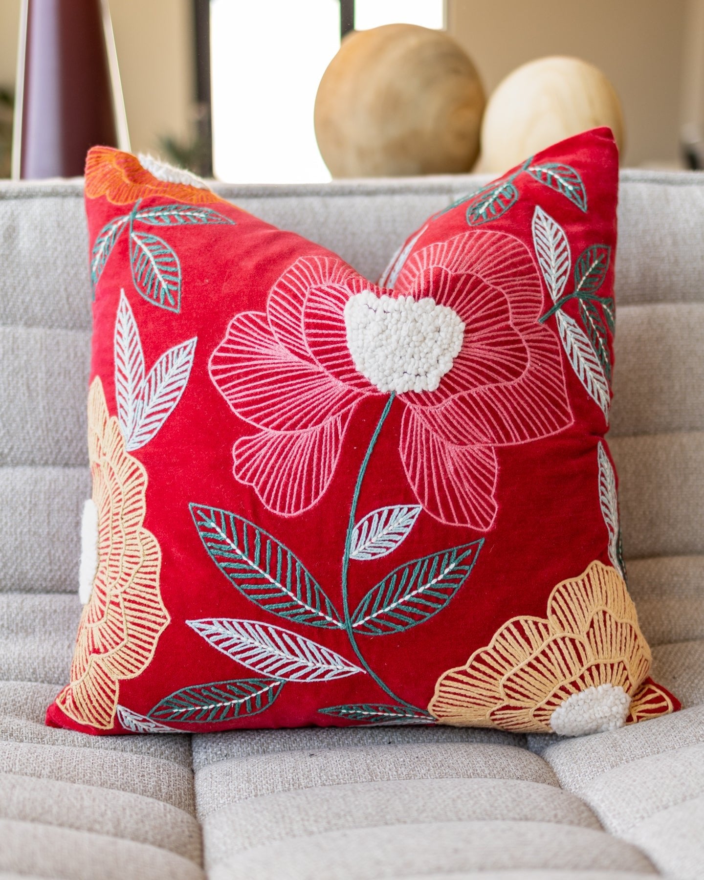 White Floral Embroidered Gold Organic Cotton Throw Pillow
