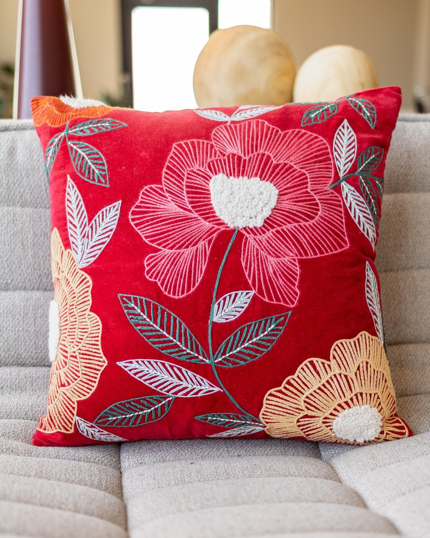White Floral Embroidered Gold Organic Cotton Throw Pillow